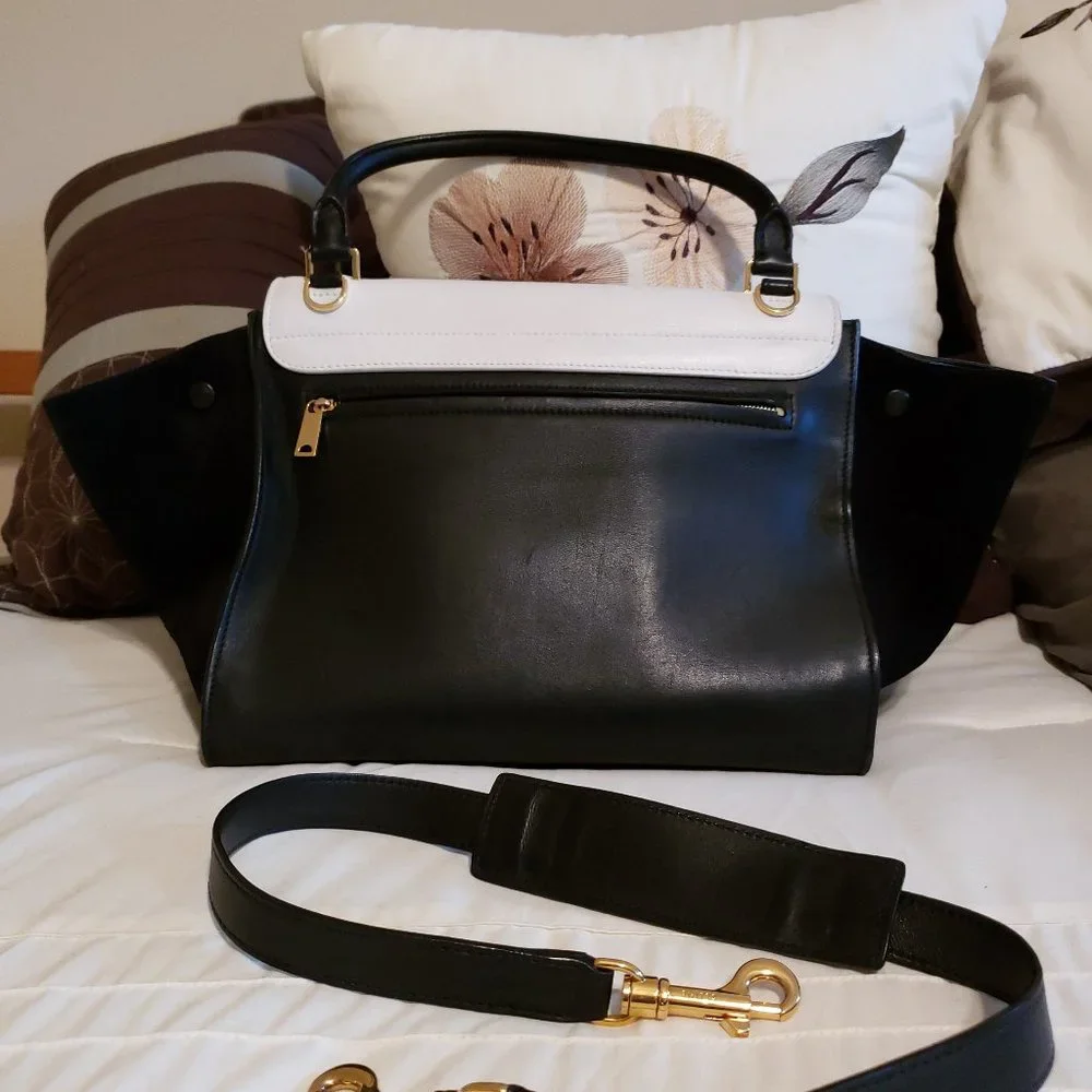 CELINE Trapeze MEDIUM Satchel Shoulder Handbag Black & White Calfskin - Picture 2 of 6